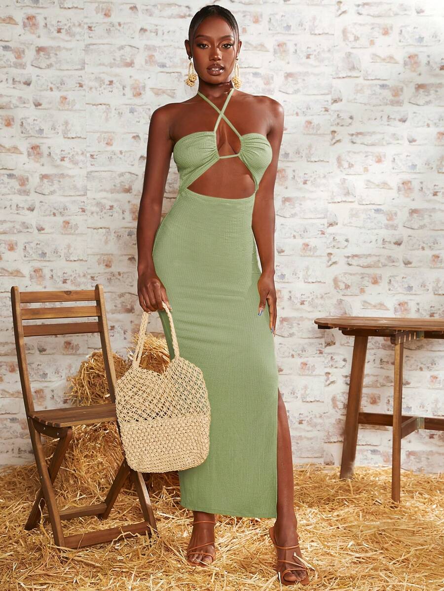 SHEINNeu Đầm Hội Chữ thập Cắt ra Xù Buộc lại Tách cao màu trơn Gợi cảm - Màu xanh Bạc hà - Xem 1