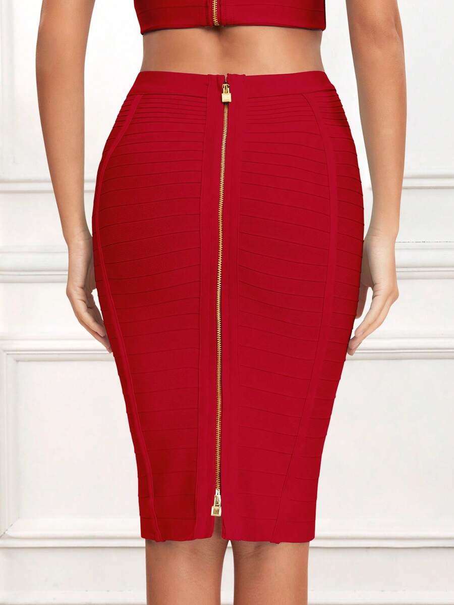 Váy nữ Dây kéo màu trơn Thanh lịch - Màu Đỏ Sâu - Xem 1