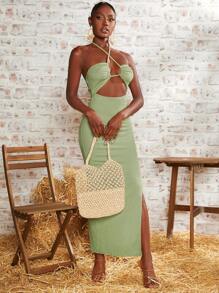 SHEINNeu Đầm Hội Chữ thập Cắt ra Xù Buộc lại Tách cao màu trơn Gợi cảm - Màu xanh Bạc hà - Xem 3