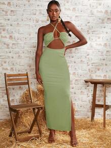 SHEINNeu Đầm Hội Chữ thập Cắt ra Xù Buộc lại Tách cao màu trơn Gợi cảm - Màu xanh Bạc hà - Xem 5