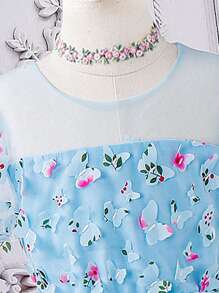 Girls Floral Embroidery Mesh Overlay Puff Sleeve Dress - Blue - View 3