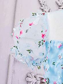 Girls Floral Embroidery Mesh Overlay Puff Sleeve Dress - Blue - View 4