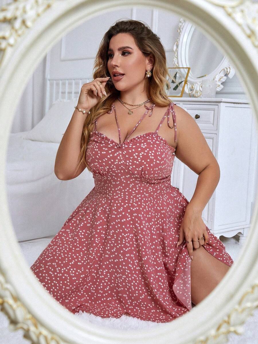 SHEIN Clasi Plus Confetti Heart Print Tie Shoulder Cami Dress - Dusty Pink - View 1