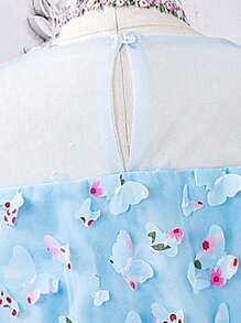 Girls Floral Embroidery Mesh Overlay Puff Sleeve Dress - Blue - View 5