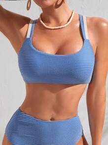 SHEIN Striped Print Bikini Top - Blue - View 2