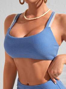 SHEIN Striped Print Bikini Top - Blue - View 4
