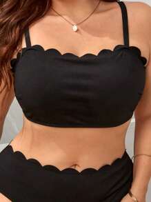 Top bikini tejido de canalé ribete en abanico - Negro - Ver 3