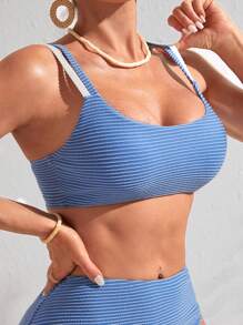 SHEIN Striped Print Bikini Top - Blue - View 5