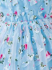 Girls Floral Embroidery Mesh Overlay Puff Sleeve Dress - Blue - View 6