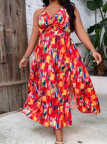SHEIN Holidaya 大碼滿版印花前扭結高衩吊帶連衣裙 - 彩色 - 查看 4