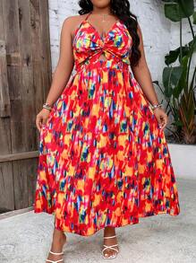 SHEIN Holidaya 大碼滿版印花前扭結高衩吊帶連衣裙 - 彩色 - 查看 6