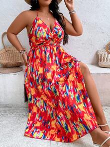 SHEIN Holidaya 大碼滿版印花前扭結高衩吊帶連衣裙 - 彩色 - 查看 7