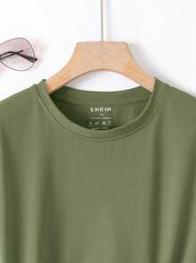 INAWLY Plus Solid Round Neck Short Sleeve Tee - Army Green - View 5