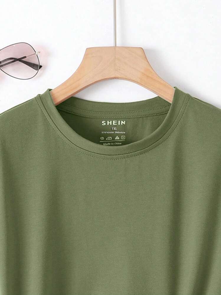 INAWLY Talla grande Camiseta de manga corta de cuello redondo de color sólido - Verde militar - Añade 5