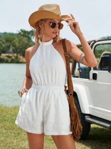 SHEIN VCAY Solid Tie Backless Slant Pocket Halter Romper - White - View 3