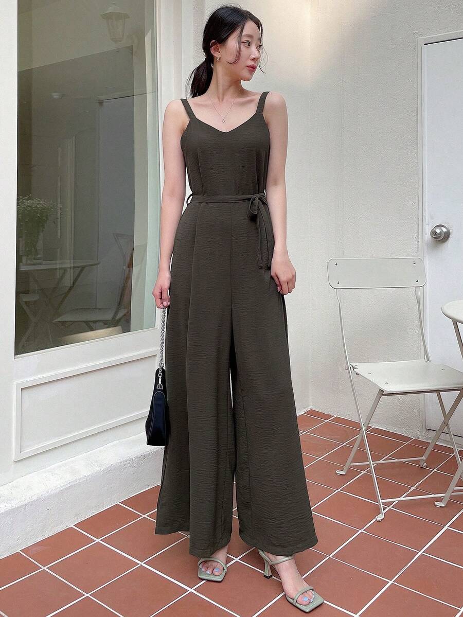 DAZY Áo liền quần nữ Thắt lưng màu trơn Thanh lịch - Màu nâu Sô-cô-la - Xem 1