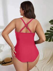 SHEIN Swim Curve Plus Costum de baie cu ochiuri încrucișate cu plasă contrastantă - roșu - Vizualizare 2