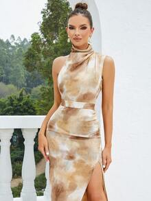 Tie Dye Split Thigh Backless Dress - Multicolor - View 3