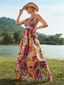 SHEIN VCAY 熱帶圖案交叉後背繫帶吊帶洋裝 - 彩色 - 查看 4