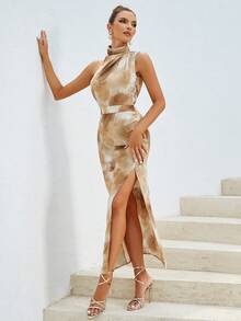 Tie Dye Split Thigh Backless Dress - Multicolor - View 8