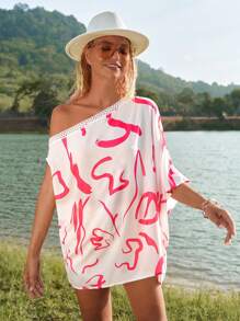 SHEIN VCAY Áo sơ mi nữ Bất đối xứng Tương phản ren Đồ họa Giải trí - trắng - Xem 5