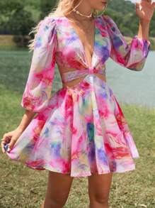 SHEIN VCAY 紮染腰部鏤空燈籠袖連衣裙 - 彩色 - 查看 1