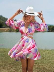 SHEIN VCAY 紮染腰部鏤空燈籠袖連衣裙 - 彩色 - 查看 3