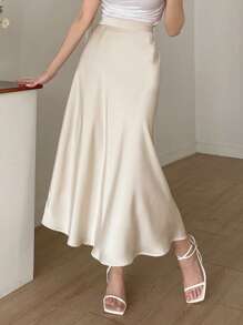 DAZY 纯色高腰A字裙，女士优雅拉链长款常规版型香槟色素面女裙，春秋季休闲日常穿着