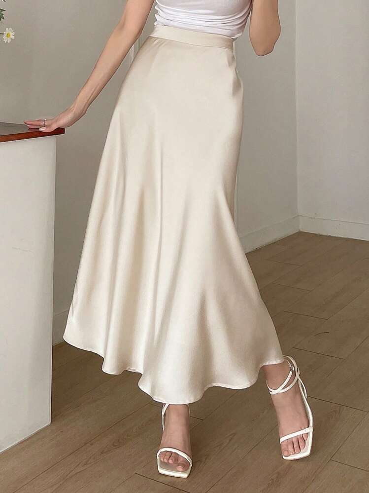 Wynsel Saia Cintura Alta Reta, Saia Elegante de Zíper Longa com Ajuste Regular Natural Champanhe Lisa, Feminina, Uso Casual Diário, Primavera/Outono - Champanhe - Visão 3