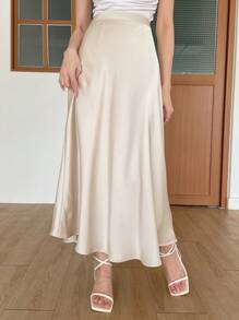 DAZY 纯色高腰A字裙，女士优雅拉链长款常规版型香槟色素面女裙，春秋季休闲日常穿着