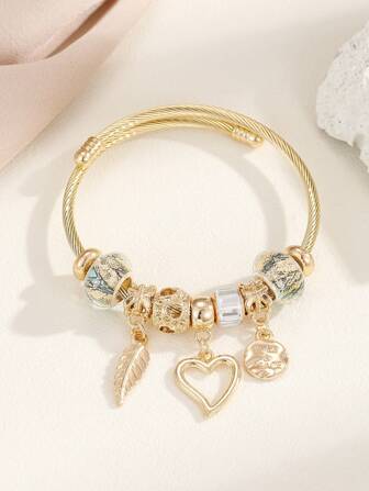 1pc Fashionable Feather & Heart Decor Bangle For Women For Daily Decoration Valentines,Mom,Mother,Mother's Day,Gift