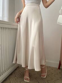 DAZY 纯色高腰A字裙，女士优雅拉链长款常规版型香槟色素面女裙，春秋季休闲日常穿着