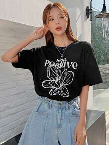 DAZY Áo thun nữ Hoa Lá thư Giải trí - màu đen - Xem 1