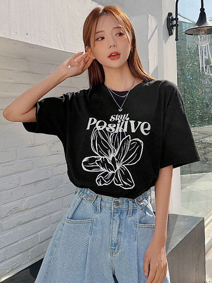 DAZY Áo thun nữ Hoa Lá thư Giải trí - màu đen - Xem 1