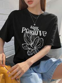 DAZY Áo thun nữ Hoa Lá thư Giải trí - màu đen - Xem 2