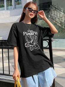 DAZY Áo thun nữ Hoa Lá thư Giải trí - màu đen - Xem 4