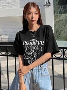 DAZY Áo thun nữ Hoa Lá thư Giải trí - màu đen - Xem 6