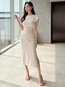 DAZY Xù Viền chia cắt Đầm - Màu be - Xem 1