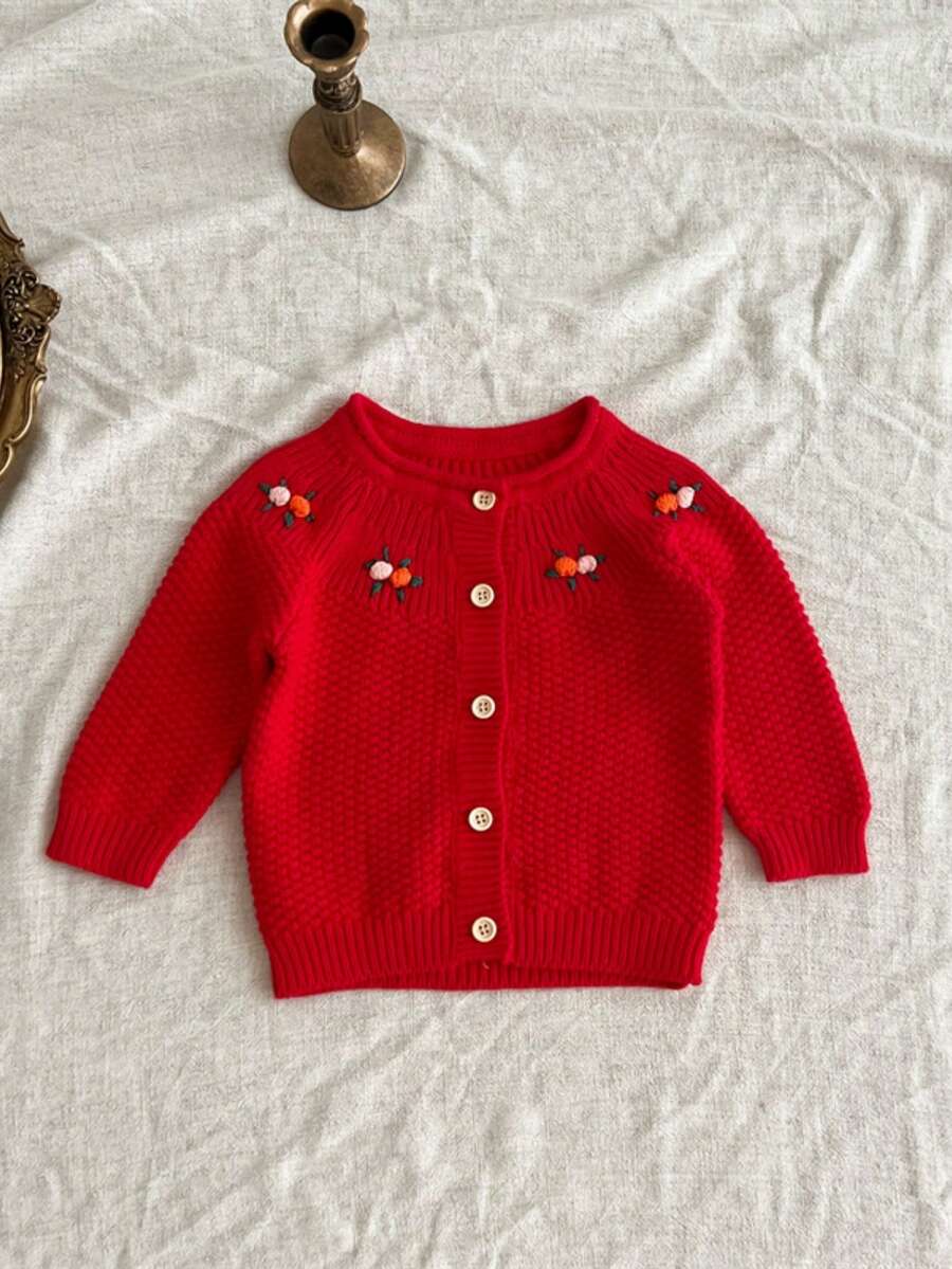 Cardigans bé Nút phía trước Hoa - Đỏ - Xem 1