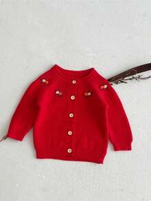 Cardigans bé Nút phía trước Hoa - Đỏ - Xem 3