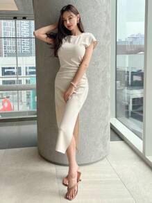 DAZY Xù Viền chia cắt Đầm - Màu be - Xem 2