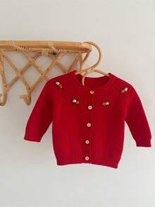 Cardigans bé Nút phía trước Hoa - Đỏ - Xem 4
