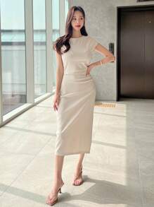 DAZY Xù Viền chia cắt Đầm - Màu be - Xem 5