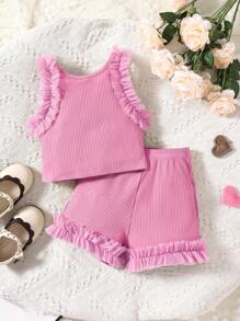 Toddler Girls Ruffle Trim Tank Top & Shorts - Pink - View 2