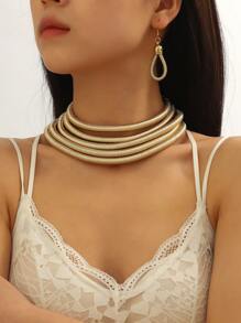 3件套欧美时尚个性化多层编织女士项链及耳坠套装 - 金色 - 查看 1