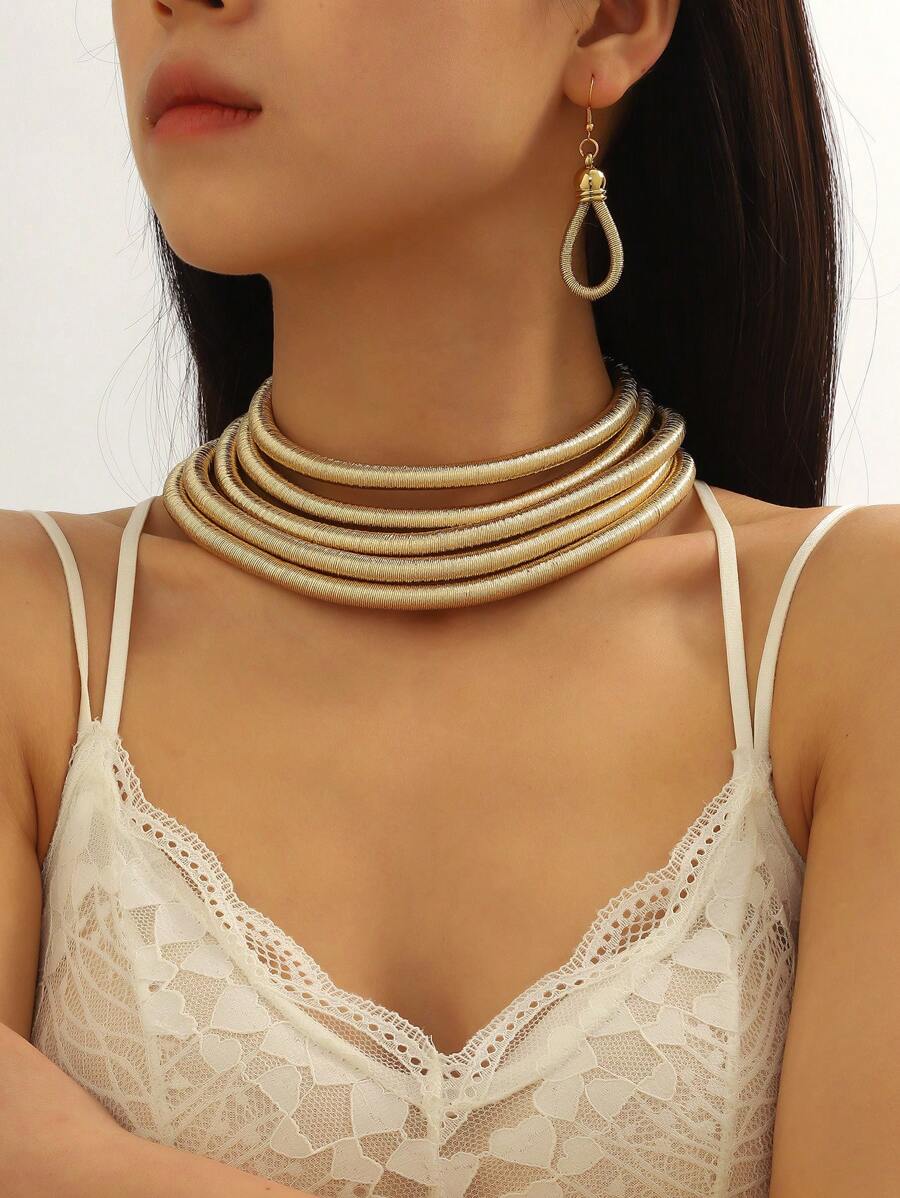 3件套欧美时尚个性化多层编织女士项链及耳坠套装 - 金色 - 查看 1