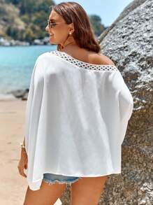 SHEIN VCAY 大碼鏤空蕾絲花邊蝙蝠袖襯衫 - 白色 - 查看 2