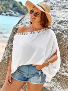 SHEIN VCAY 大碼鏤空蕾絲花邊蝙蝠袖襯衫 - 白色 - 查看 3