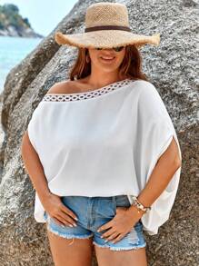 SHEIN VCAY 大碼鏤空蕾絲花邊蝙蝠袖襯衫 - 白色 - 查看 5