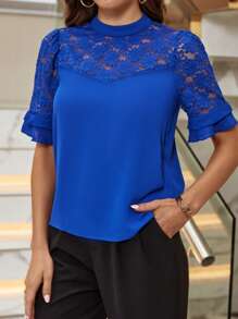 SHEIN Privé Áo sơ mi nữ Nút Tương phản ren Xù phân lớp màu trơn Giải trí - Xanh đậm - Xem 6